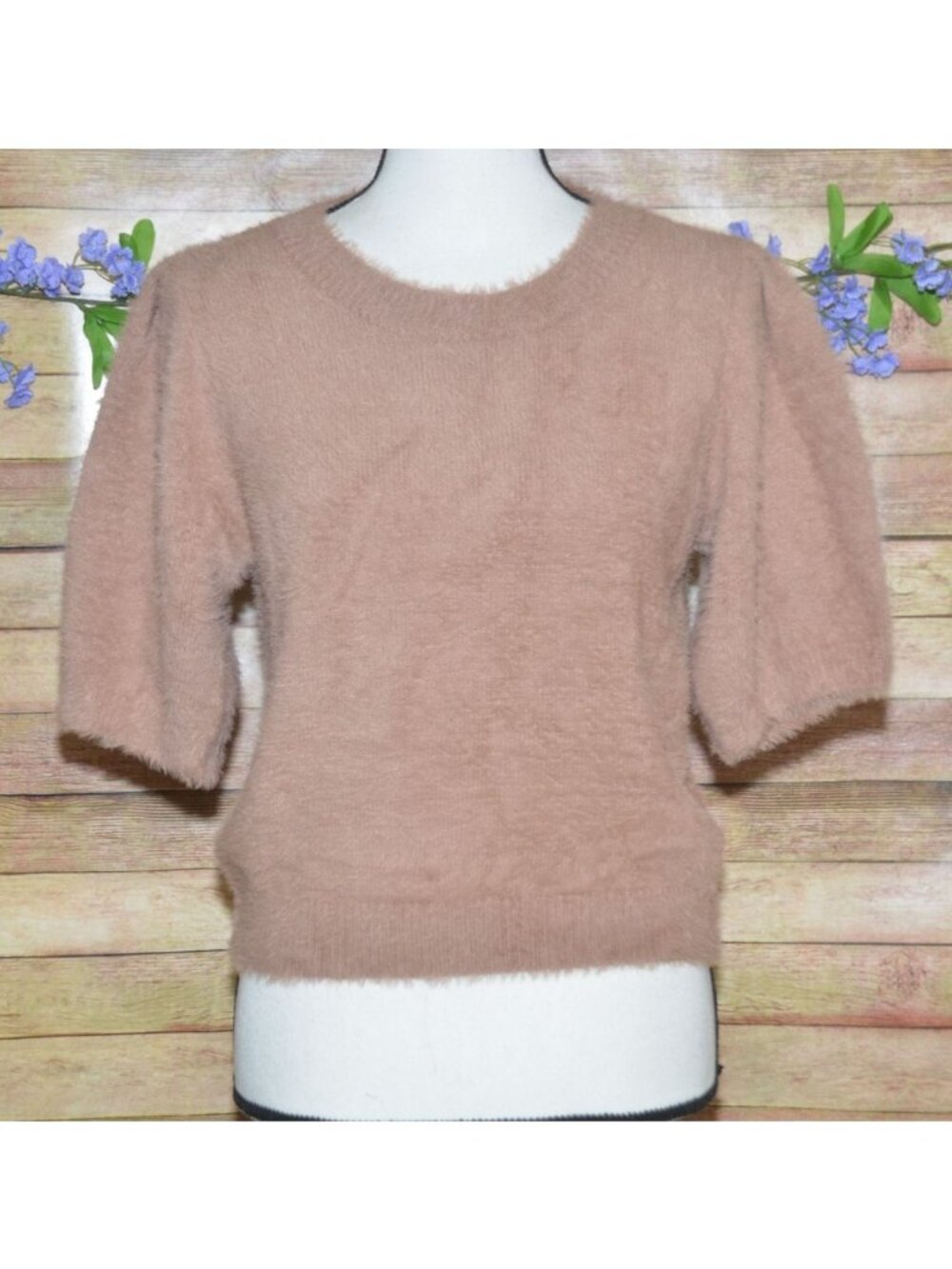 Buddy Love Ladies Brown Half Puff Sleeve Crop Sweater Top Size L Fuzzy Eyelash